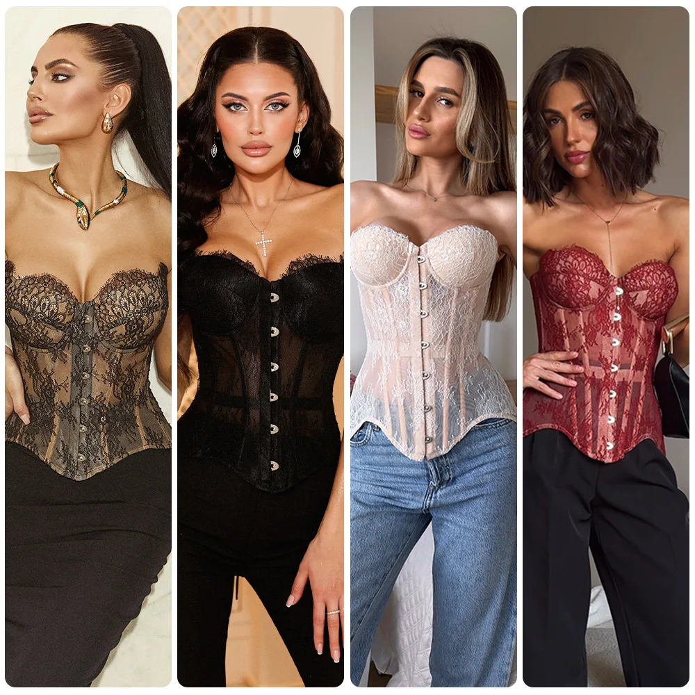 Spring Sexy Style Lace See-through Tube Top Waist Carved Mesh Fishbone Breasted Bra