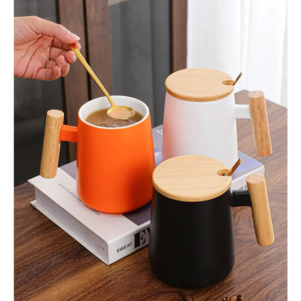 New Vintage Nordic Design Ceramic Coffee Mug with Lid Wooden Handle Retro Office Home Water Cup Simple Business Gift Drinking - view 3