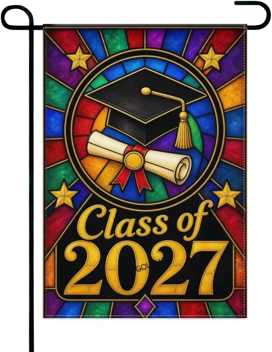 Seasonal Garden Flag Stained Glass Graduation Cap Diploma Class of 2027 12x18 Inch Polyester Double Sided Printed for Spring yyi