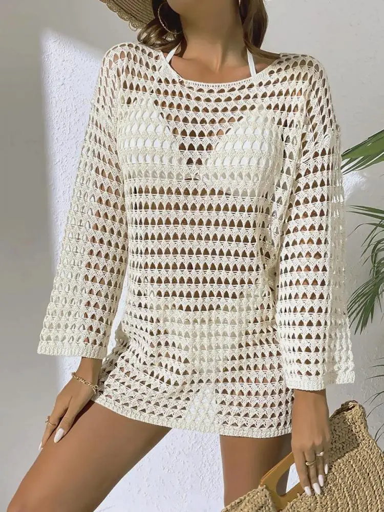 Feminino sólido oco para fora manga longa em torno do pescoço envoltório hip praia estilo blusa mini vestidos verão casual sexy férias vestido curto