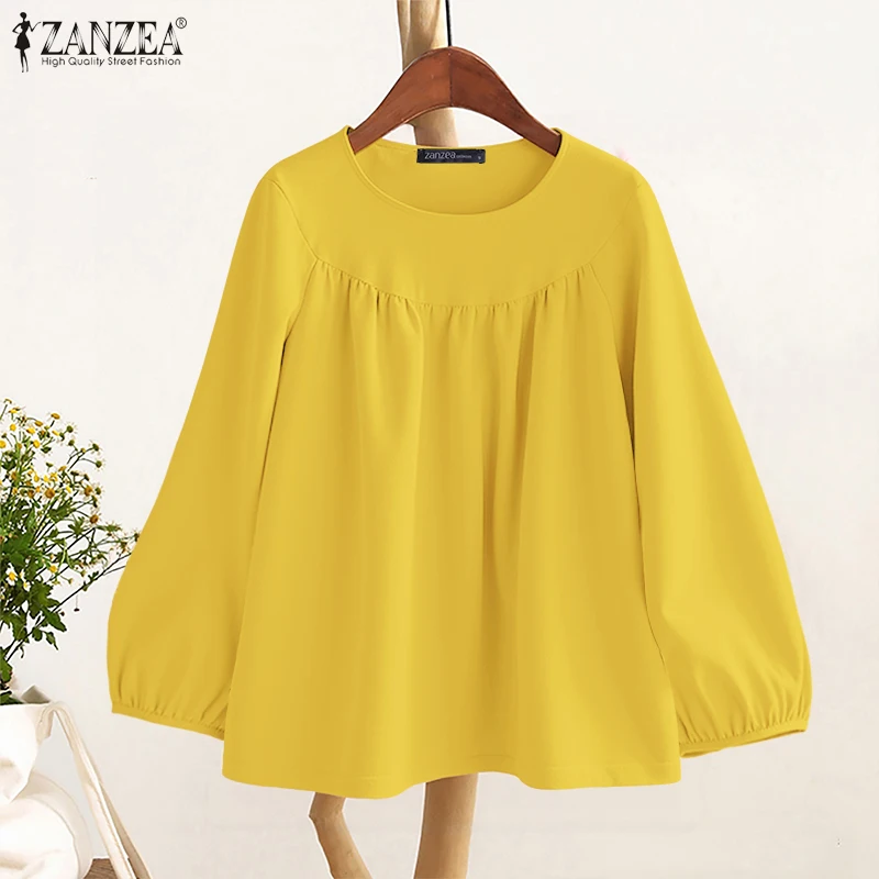 ZANZEA Women Fashion Gathered Blouses Autumn Everyday Casual Lantern Sleeve Round Neck Blusas Mujer Oversized Loose Solid Tops