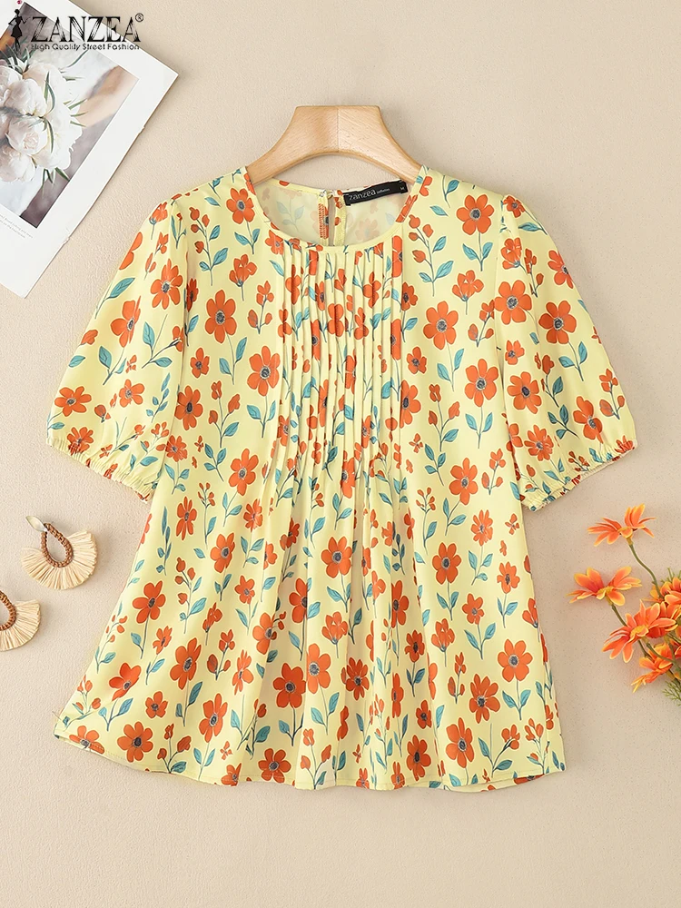 Verano bohemain camisa de vacaciones ZANZEA mujeres Blusas con estampado Floral Casual cuello redondo manga corta Tops Mujer Blusas sueltas Chemise