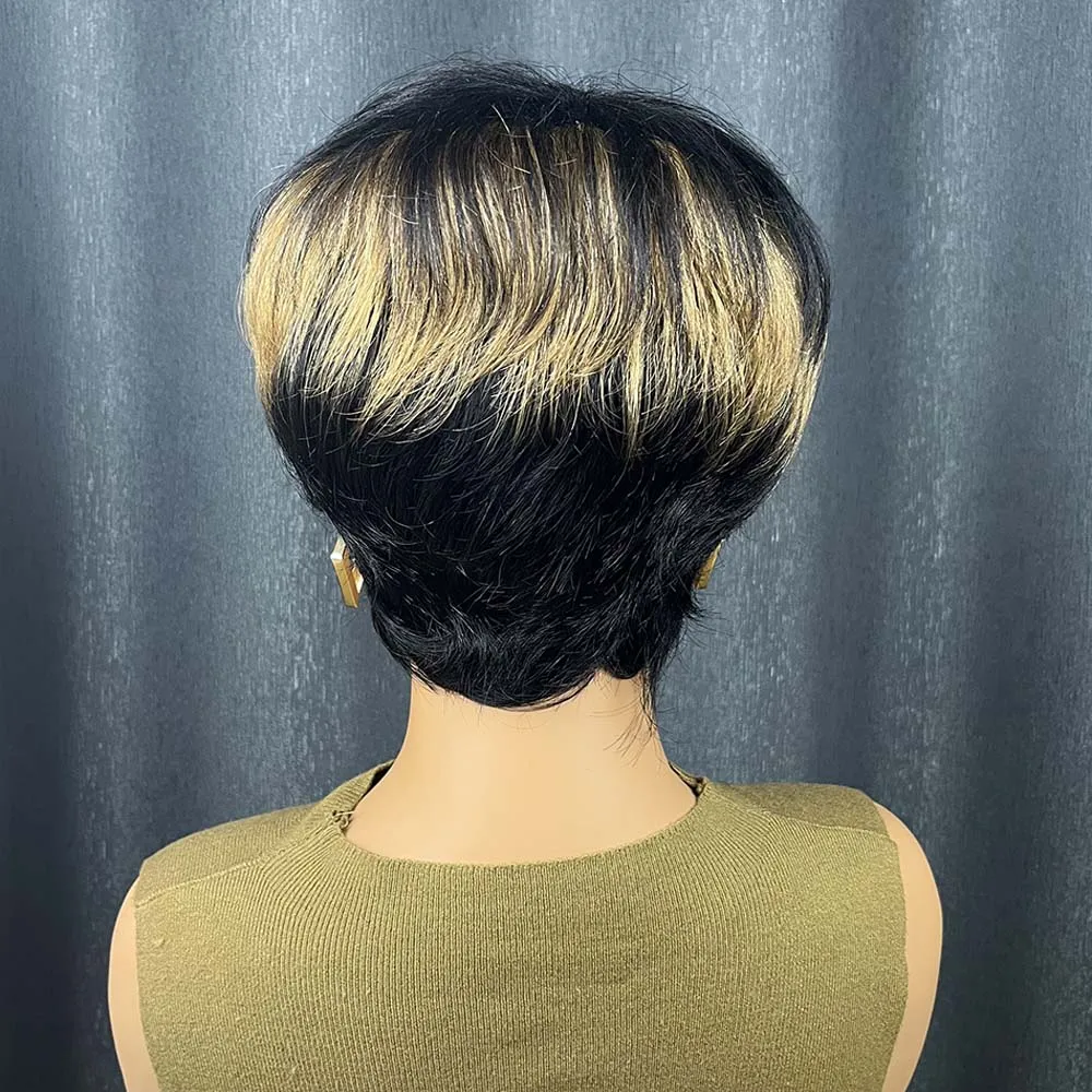 여성용 하이라이트 픽시컷 인모 가발, 짧은 레이어드 픽시컷 웨이브 머신메이드 레미 인모 가발 (앞머리 포함)