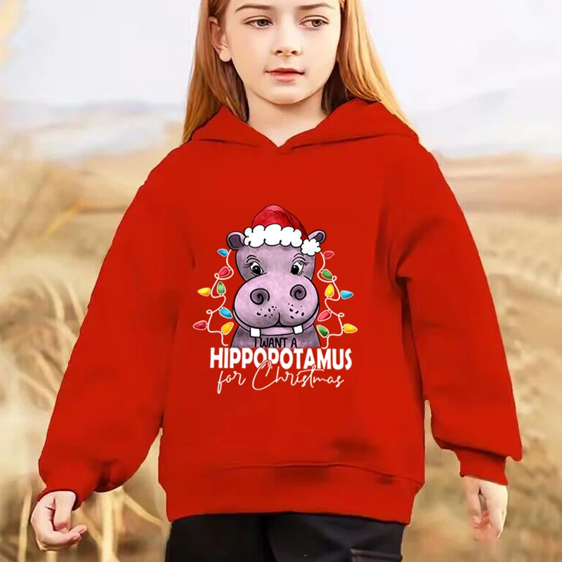 Christmas Hippopotamus Hoodies Boys Girls Long Sleeve Tracksuits Funny Cartoon Hippo Pullover Kids Fashion Xmas Party Sweatshirt