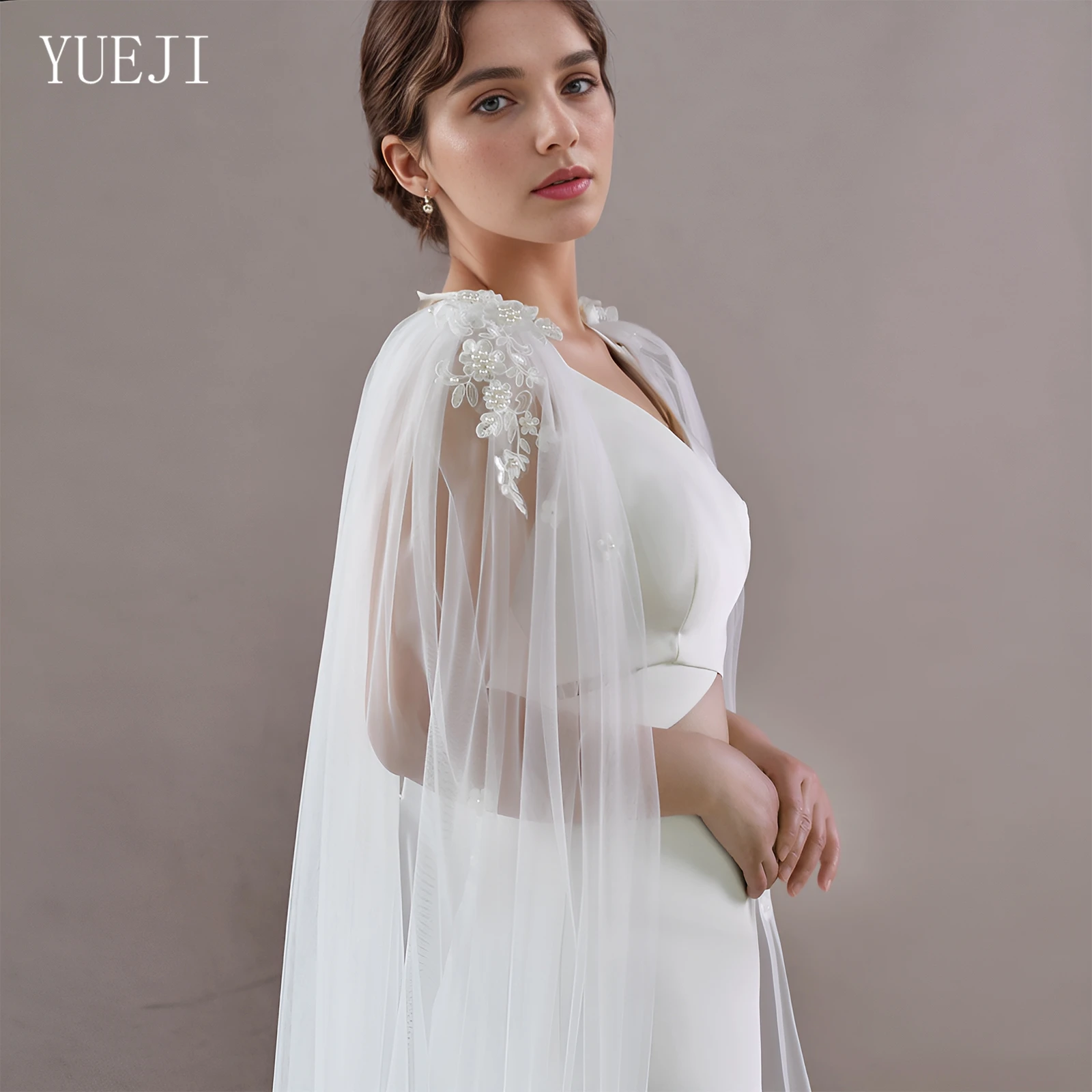 YUEJI Cathedral Wedding Lace Style Trailing Cape With V-Shaped Back, Hand-Sewn Floral Lace Appliques And Pearl Embellishment G71