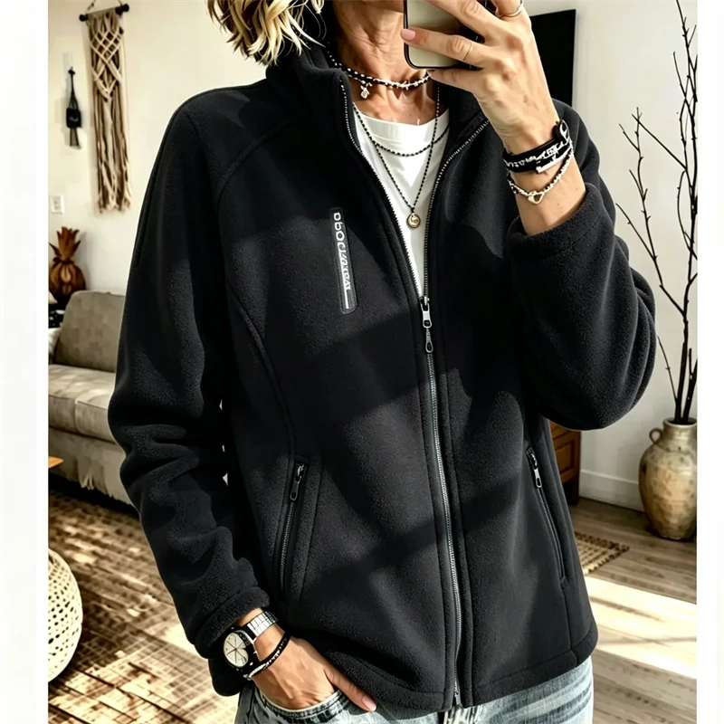 Women Micro Fleece Overcoat Plush Fleece Letters Stand Collar Coats Polar Fleece Liner for Jackets Anti-static Thermal Outerwear