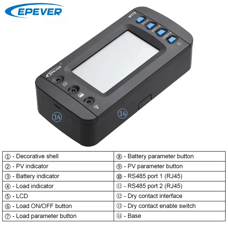 Imagem -03 - Epever-display Medidor Remoto Mppt Controlador de Carga Solar Tracer-série an Mt75 Novo