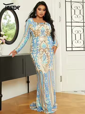Yesexy Plus Size Vintage Sequin Evening Dress Formal Occasion Dresses Chic Elegant Woman Dress