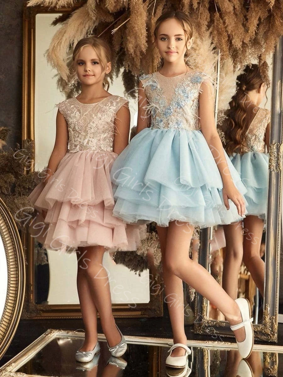 Robe de concours de princesse personnalisée pour filles, en dentelle scintillante, sans manches, corsage à fleurs, Mini longueur Tutu, robe de soirée personnalisée