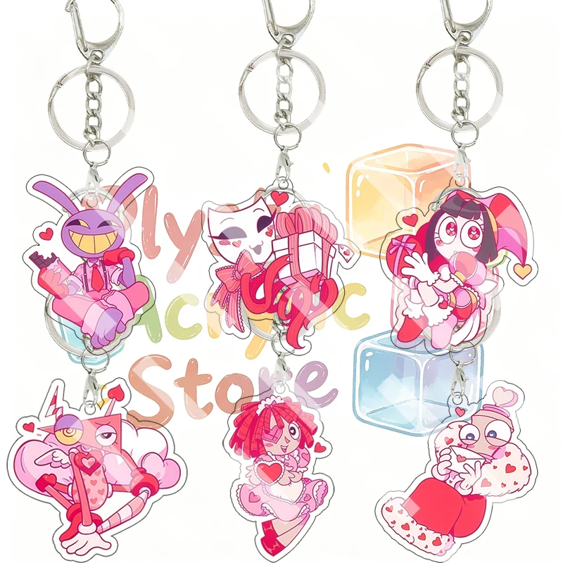 

Cartoon Amazing Circus Valentine Love Heart Themed Acrylic Keychain Cute Q Version Pomni Gangle Anime Game Character Bag Pendant