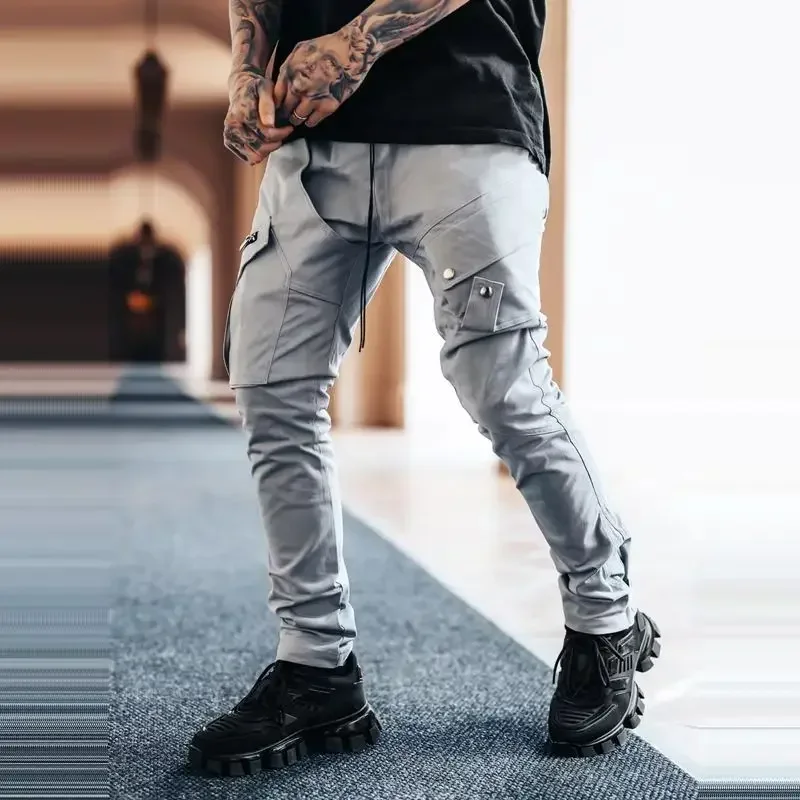 Men's Side Pocket Cargo Pants Zipper Black Grey Khaki Hip Hop Casual Male Joggers Trousers Fashion Streetwear Pantalones Hombre