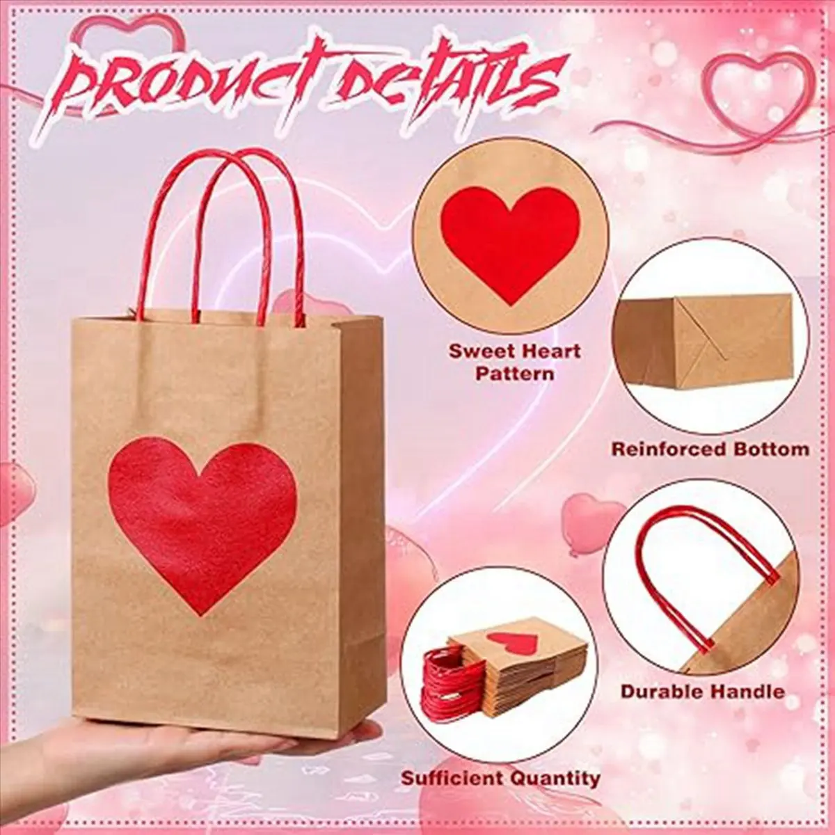 morning M 24 Pcs Valentines Day Gift Bags, Candy Bags Goodie Bags with Handles Heart Love Paper Bags for Wedding and Valentine