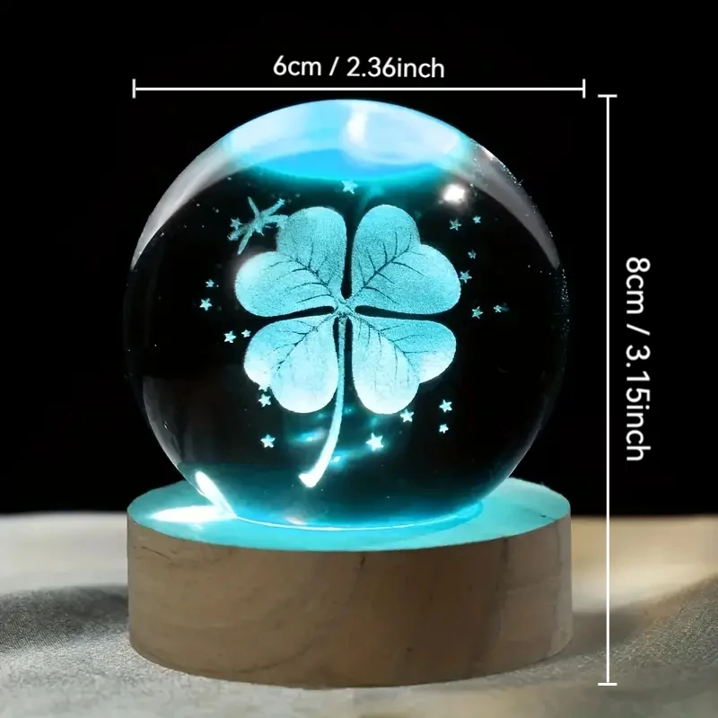 1pc 3D four-leaf clover crystal ball with colored light base, family bedroom decoration gift, birthday,  Mother's Day gift