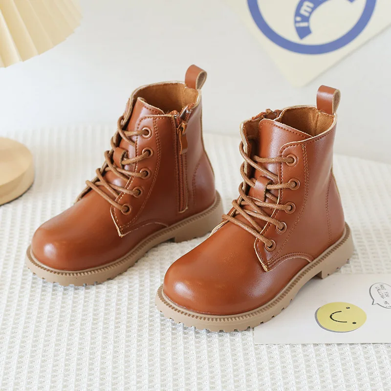Early Autumn Children Leather Boots Baby Soft Cow Muscle Sole Single Boots Girls Retro High-top Boots Students Performance Boots