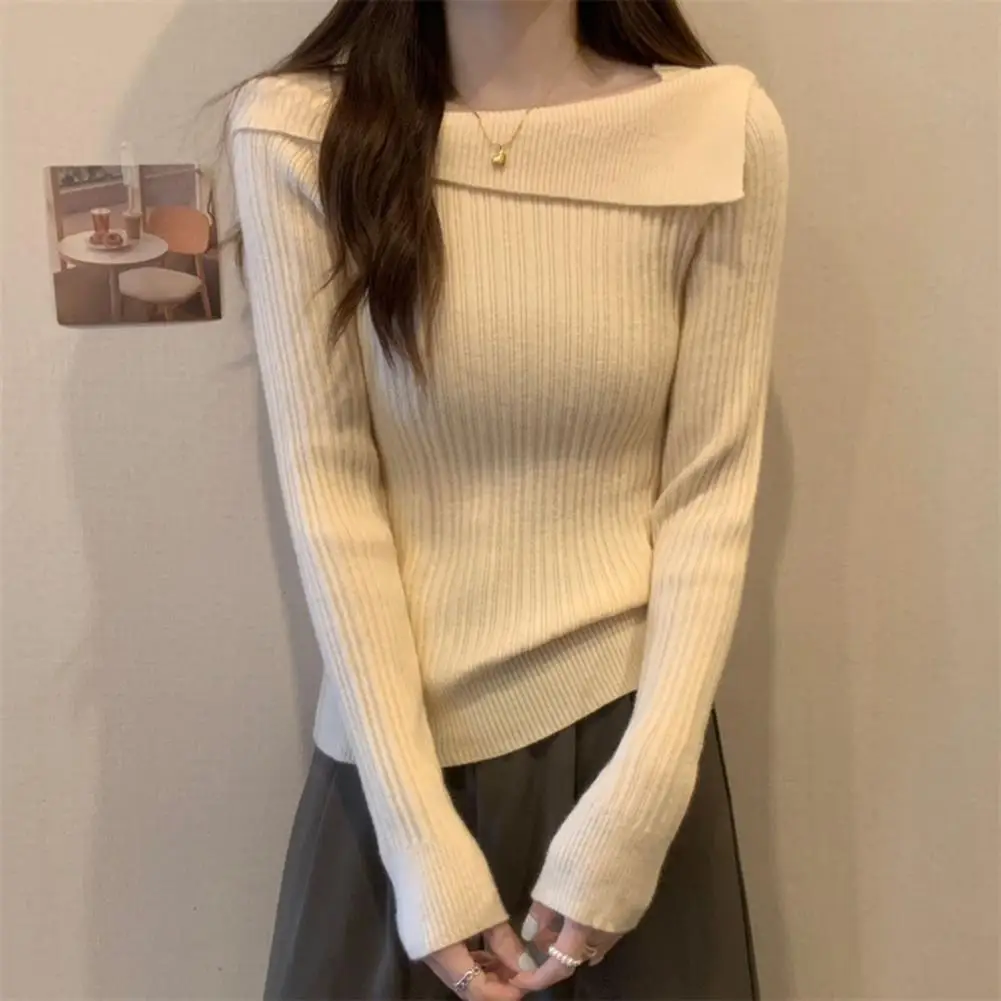 Soft Stretchy T-shirt Elegant Boat Neck Knitted Sweater for Women Soft Warm Pullover Blouse with Irregular Hemline Slim Fit Fall