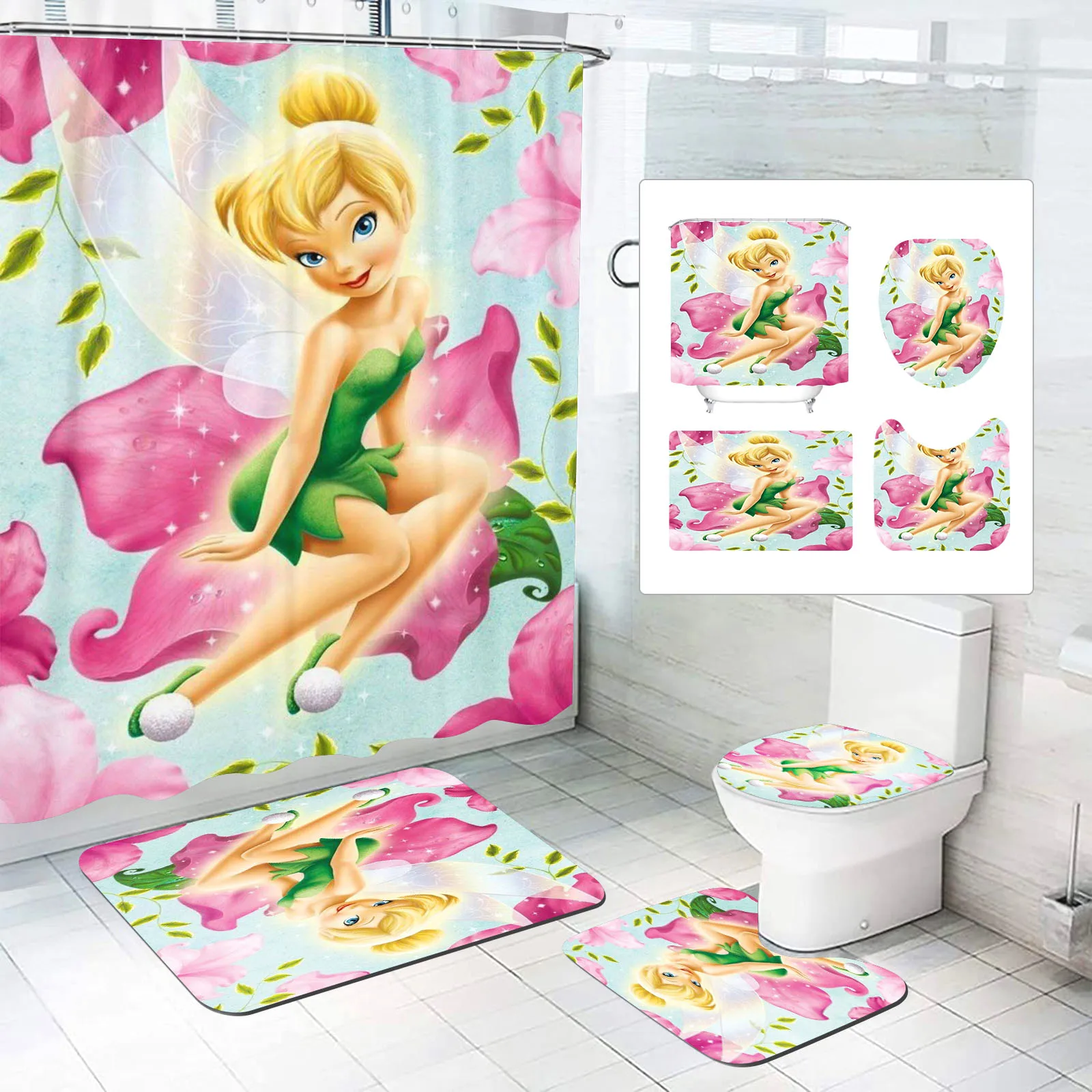 Disney-Shower Curtain Bath Mats, Tinker Bell, Various Sizes, Cute, Full Kawaii Bathroom, Cartoon, Great Gift for Kids, 4 Pcs