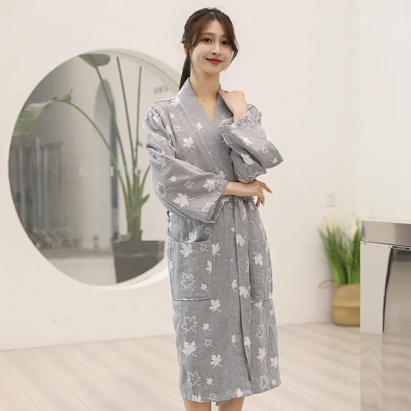 Autumn New 100% Cotton Water Uptake Nightgown Sexy Kimono Bathrobe Women\'s Sleepwear Gauze Sleepshirts Female Spa Hotel Robe