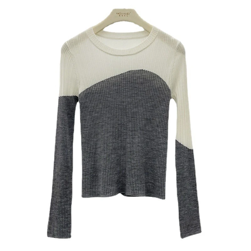 pullover worsted wool women sweater autumn top ladies sweaters vintage shirt long sleeve slim fall knitted color block pullovers