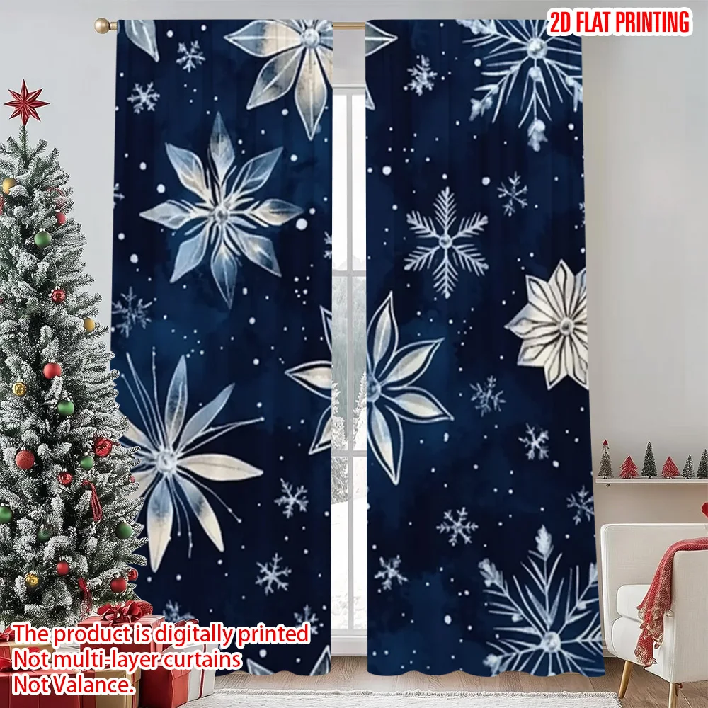 

2pcs 2D flat printing Merry Christmas Window Drapes Blue Snowflakes Fabric Without Electricity Versatile for Holiday Decor