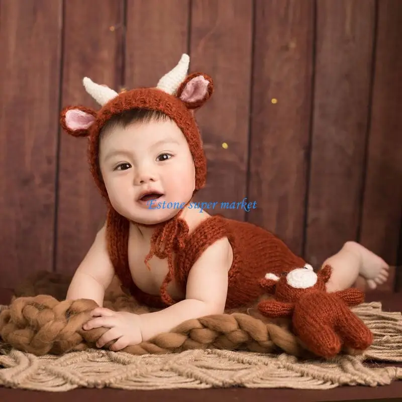 

090B Crochet Coffee Cow Theme for Doll Hat Set 3 Pcs Baby Photo Props Kids Clothing I