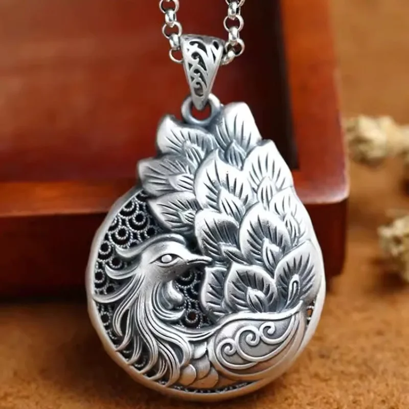 Peacock Vintage Double Sided 925 Silver Pendant Ethnic Style Floral Embossed Exquisitely Carved Necklace Keel Chains Jewelry