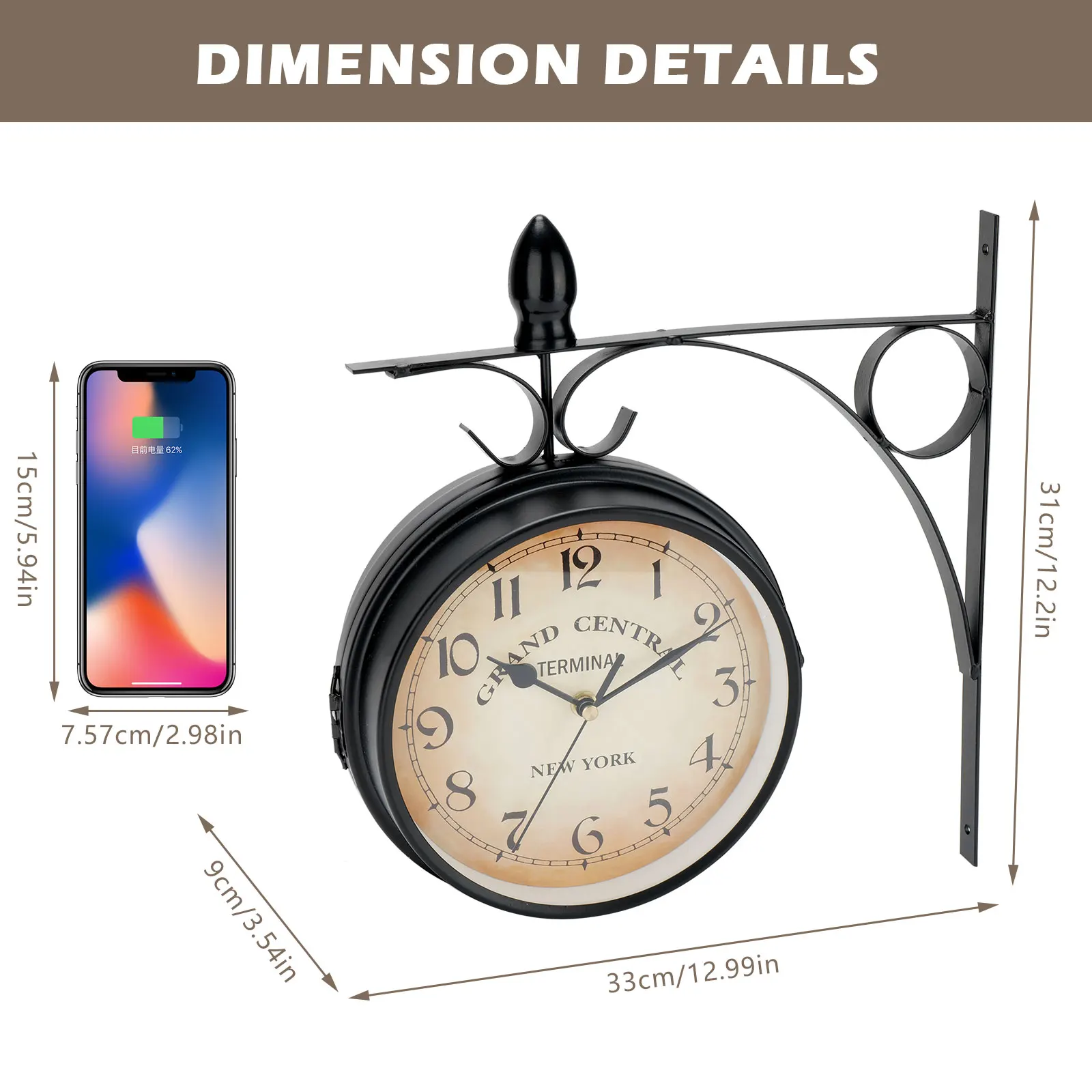 Horloge de Station de Train Double face, horloge murale étanche pour jardin, horloges murales rétro en fer forgé en métal silencieuses pour l'extérieur