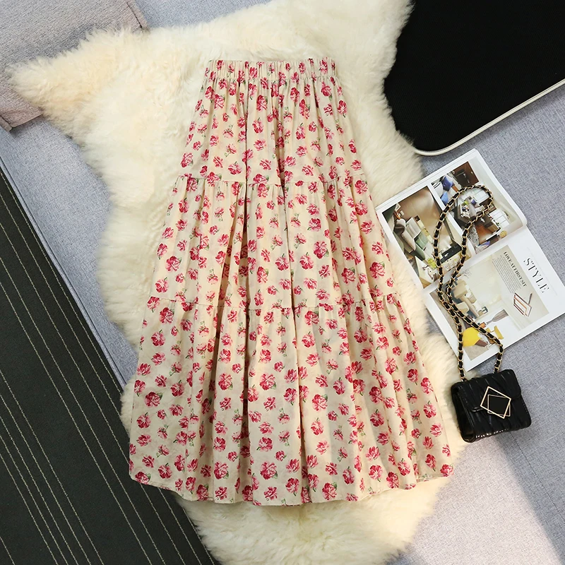 Seoulish Retro Floral Print Mid Pleated Skirts for Women 2024 Summer New High Waist Casual Patchwork A-line Umbrella Skirts