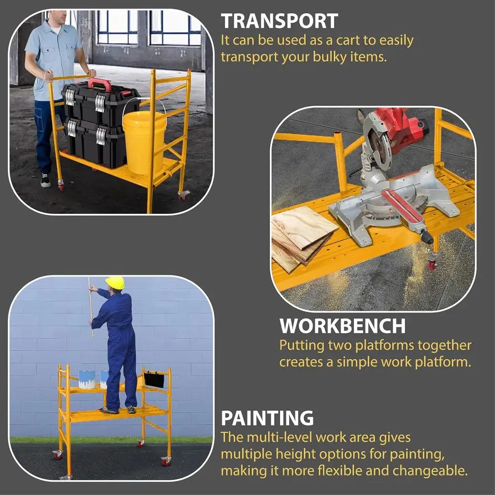 منصة سقالة 4 أقدام عالية السقالات المتنقلة سعة 770 رطل مع عجلات قفل، أصفر