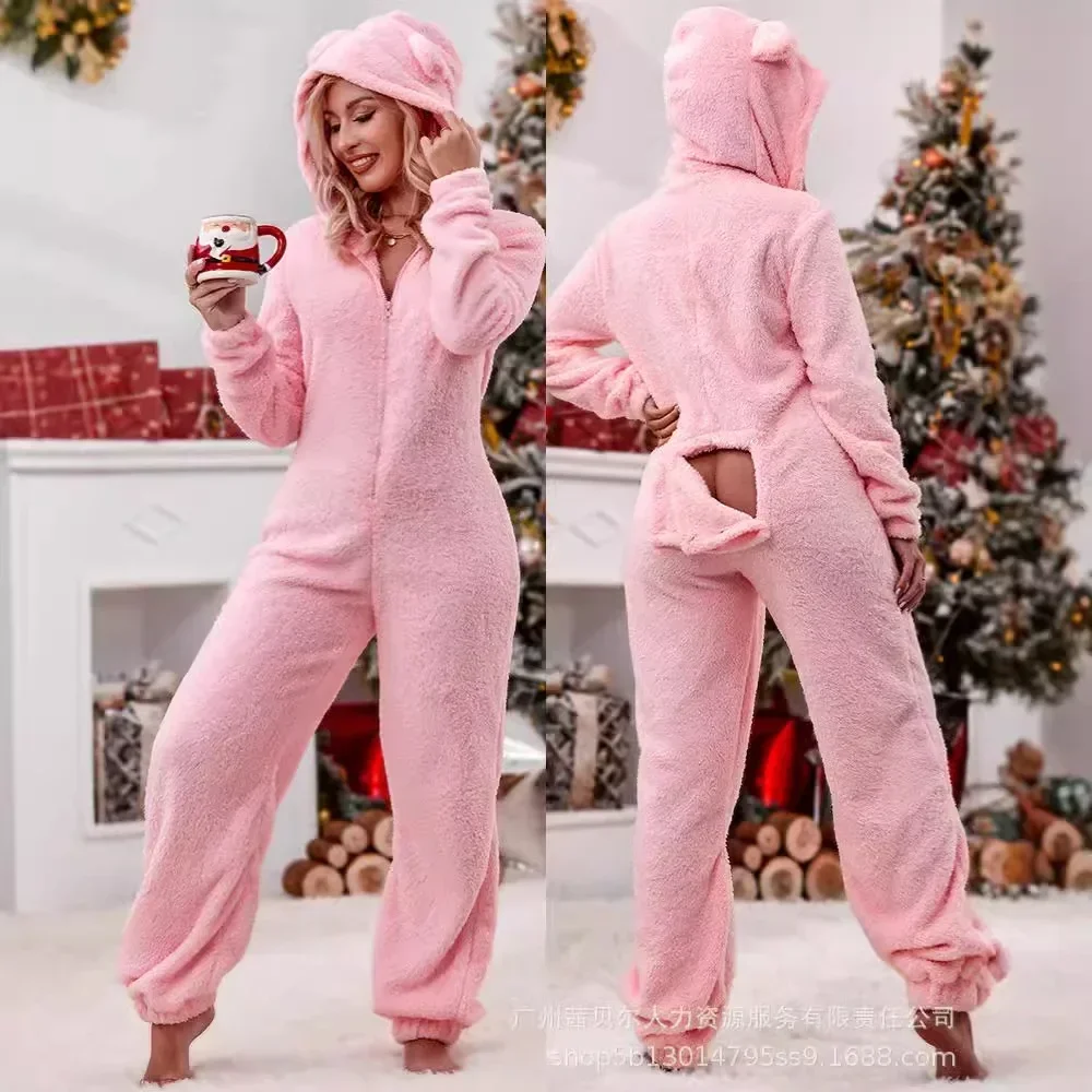 Women Pajamas Jumpsuits Autumn Long-sleeved Hooded Trousers Plush Loungewear Pajamas Jumpsuit Solid Color Zipper Jumpsuits