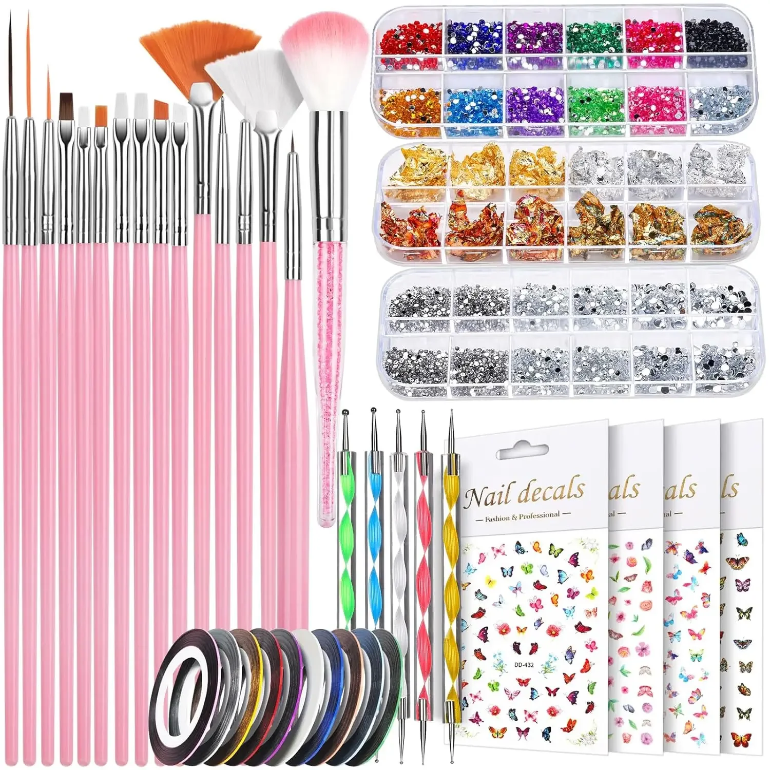 

Beginner-Friendly Nail Art Tool Kit - Includes Nail Brushes, 3D Nail Stickers, Dotting Tools, Glitter, Rhinestones, Foil, Tape