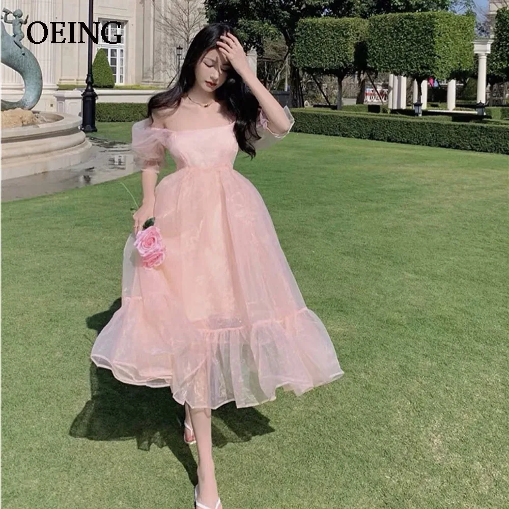 

OEING Baby Pink Tulle Evening Dress Fairy Puff Sleeves Prom Gown Tea Length Lady Dresses For Formal Occasion Princess Gowns