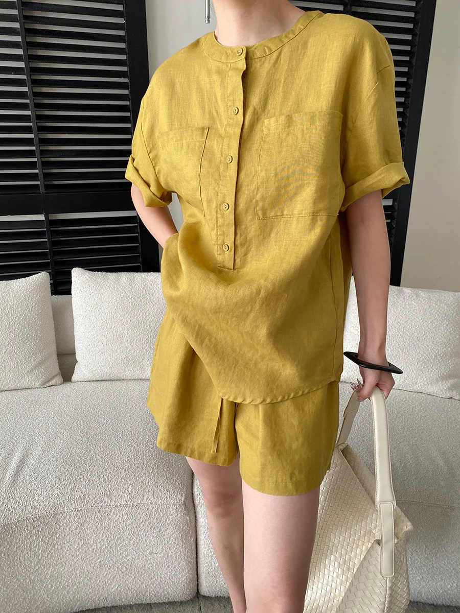 

Summer women's solid color casual round neck short sleeved loose shirt high waisted shorts two-piece set