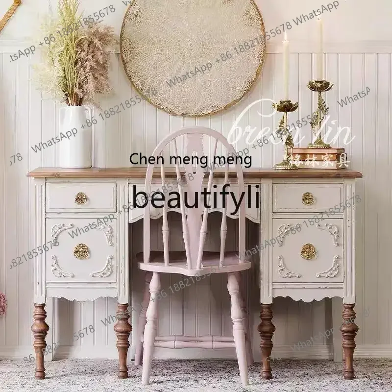 

French solid wood dresser integrated desk chair makeup table retro bedroom storage cabinet6220