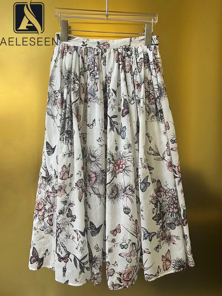 AELESEEN Fashion Runway 100% Cotton Skirt Women Spring New Arrival Flower Butterfly Print High Waist Elegant Party Poplin