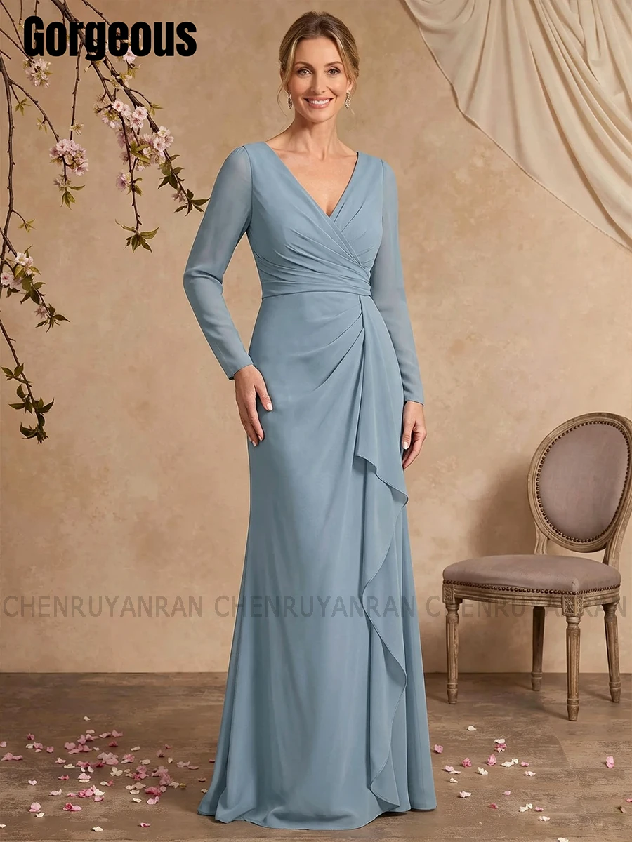 Dusty Blue Mermaid Mother of The Bride Dresses for Women Long Sleeves Elegant Prom Dresses V-neck Formal Wedding Guest Dress