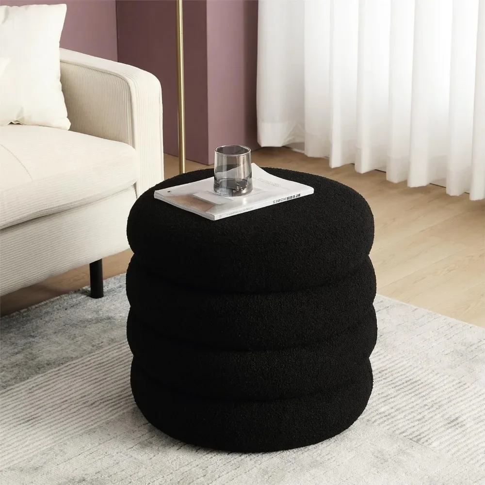 Sherpa Storage Ottoman, Foot Rest Stool Seat for Living Room, Black Vanity Foot Pouf, Tufted Footstool with Removable Lid for