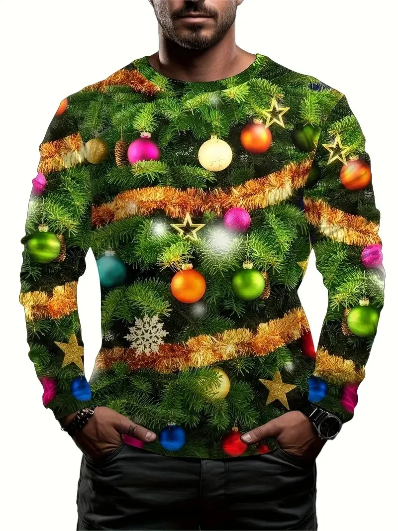 تي شيرت مطبوع بزخرفة عيد الميلاد الممتعة، زي سانتا كلوز، ملابس أنيمي مطبوعة ثلاثية الأبعاد للرجال بأكمام طويلة تي شيرت جرافيك