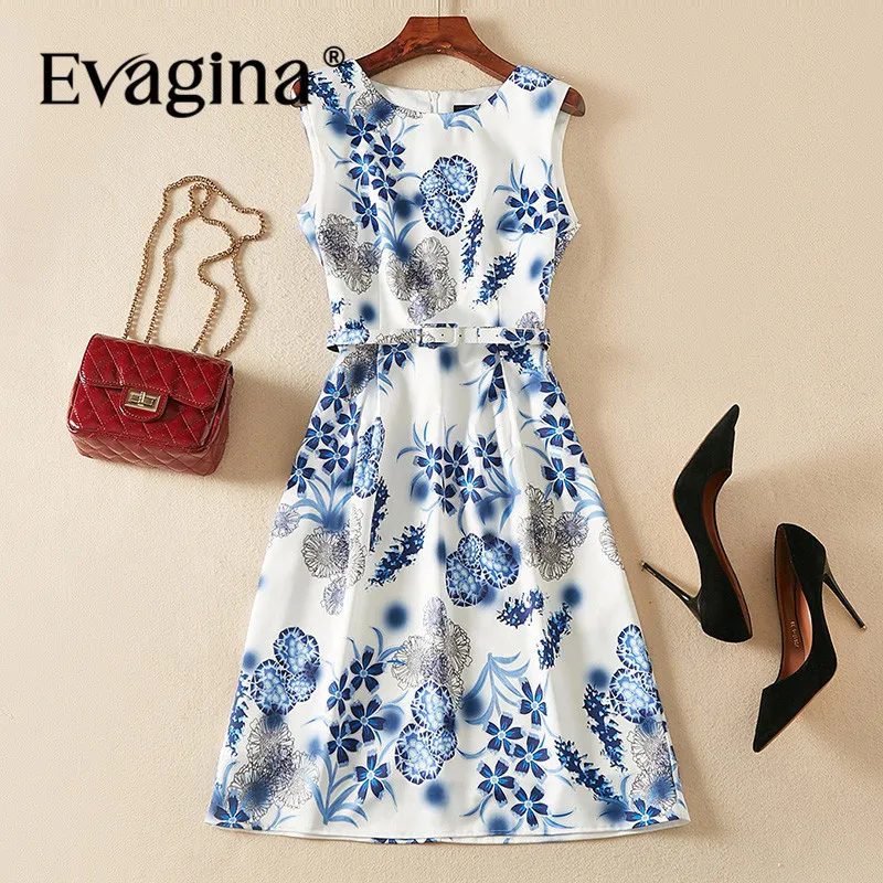 Evagina Fashion Design Spring Summer Women's Sleeveless Print Lace-UP  Streetwear White High Quality A-Line Dresses