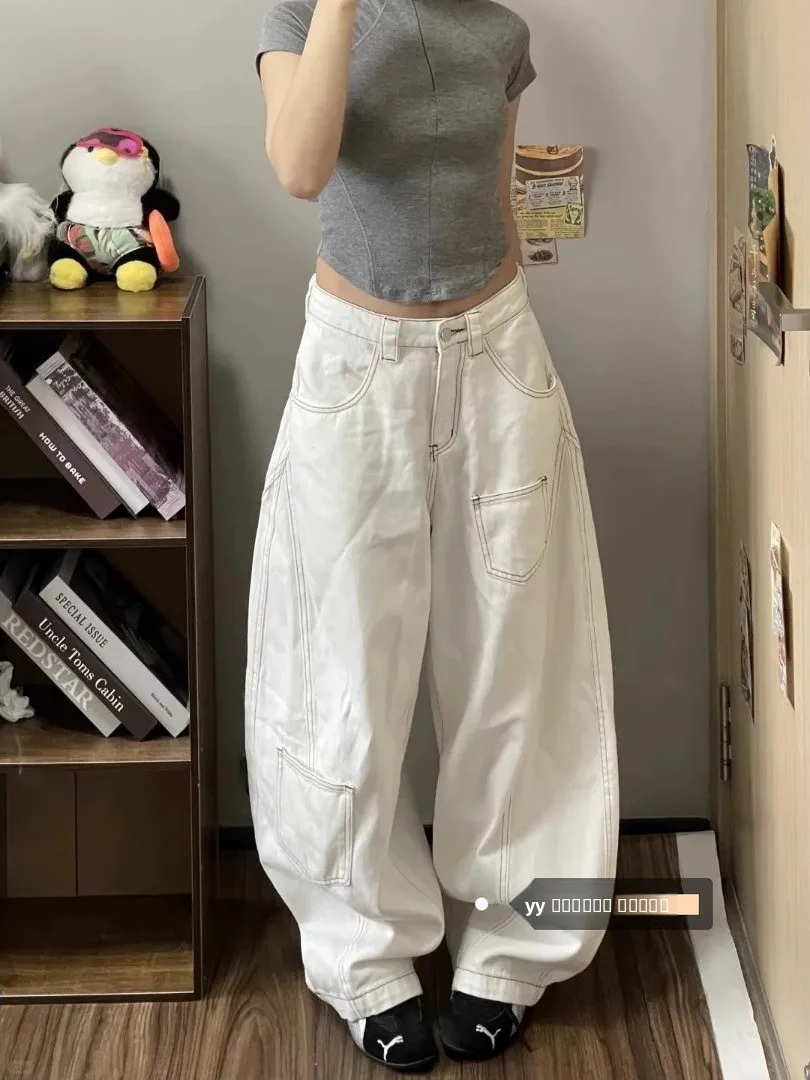 

Американские джинсы High Street белого дизайна Sense Knife, женские свободные тонкие брюки с высокой талией и широкими штанинами длиной до пола