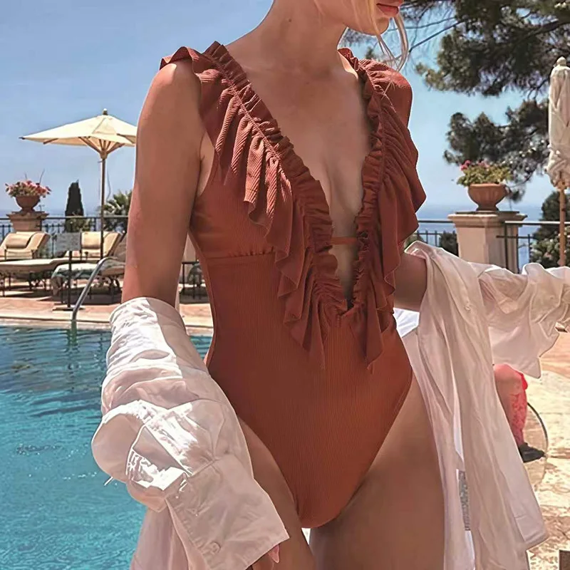 Sexy Ruffles One Piece Swimwear V Neck Control Abdomen Monokini 2026 Summer Bathing Suit Backless One Piece Swimsuit Swimwear