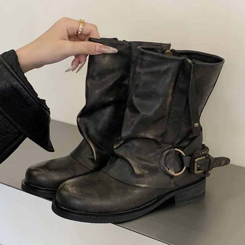 2026 New Winter Fashion Design Pleated Women Ankle Boots Round Toe Zipper Buckle Square Heels Vintage Western Boots Mujer