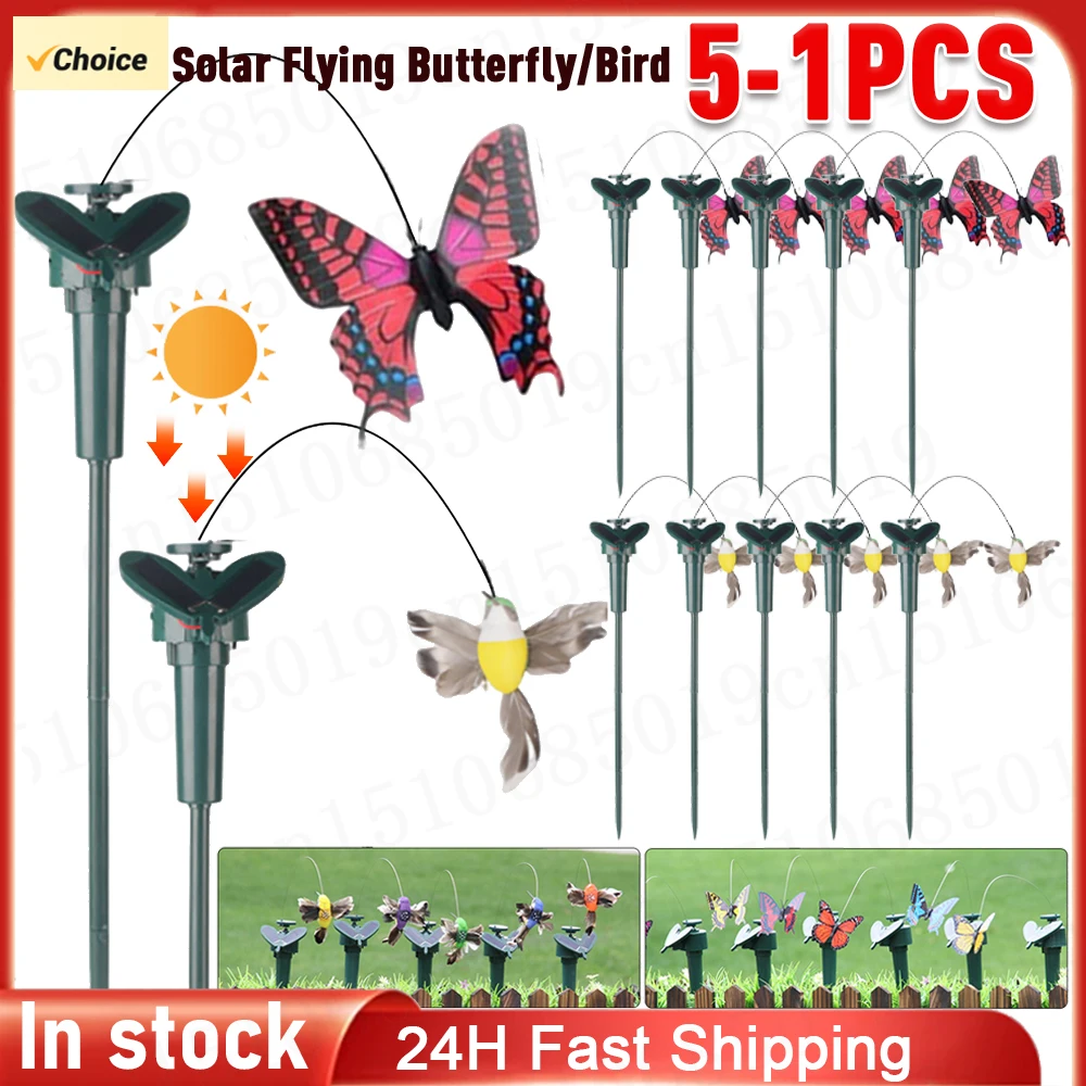 5-1PCS Solar Flying Wobble Fluttering Butterfly Garden Decoration Stake for Patio Landscape Ornament Decor Butterfly Bird