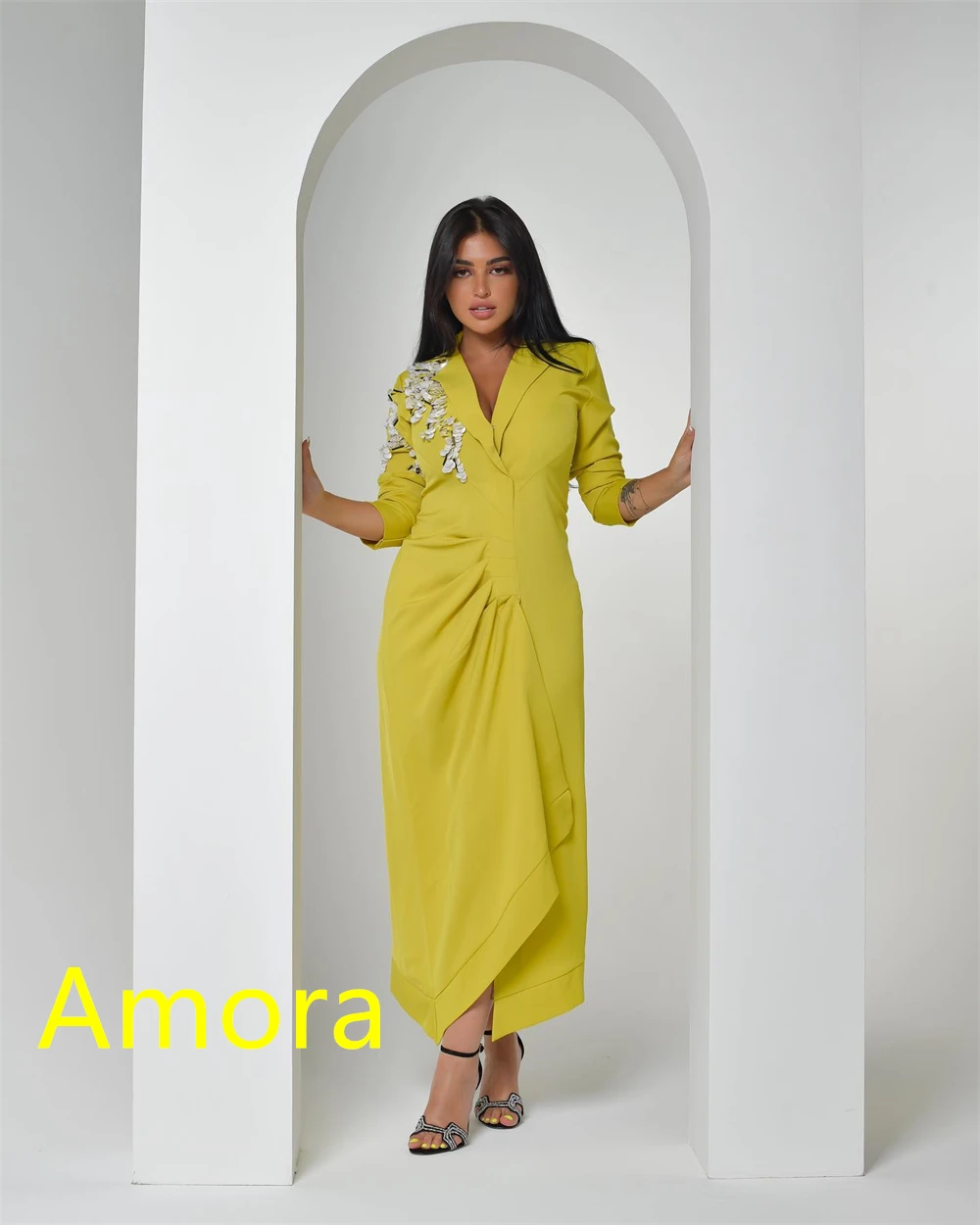 Customized Exquisite Yellow Jersey Evening Dress Formal V-Neck Short Sleeves Mermaid Front Slit Crystal Bespoke Occasion Gowns