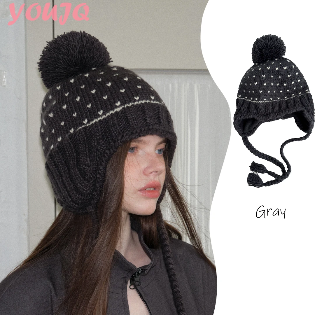 

Корейские теплые вязаные шапки-бини для женщин: осенний стиль, эстетика, с ушками, в стиле колор-блок, зимняя термозащитная шапка