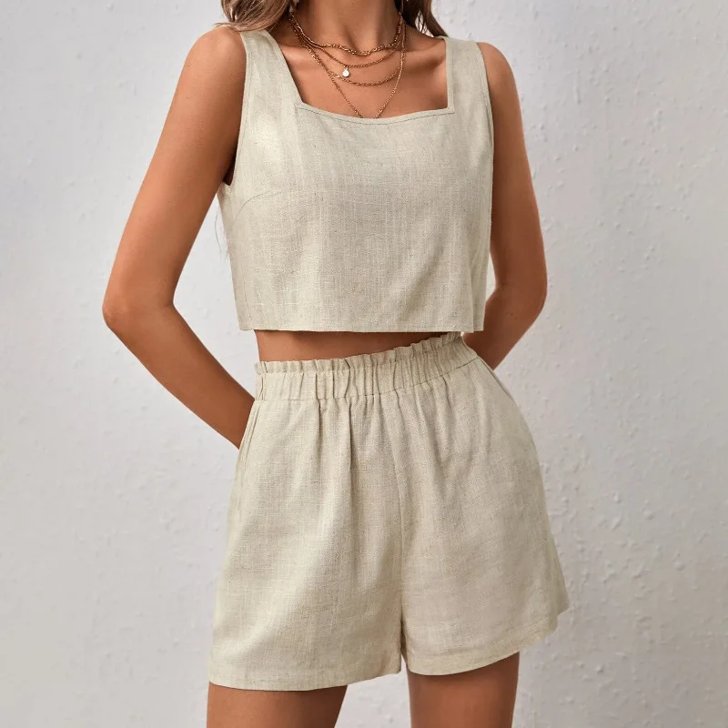 Women\'s Cotton Linen Sleeveless Top Shorts Set 2024 Summer New Casual Backless Tops Elastic Waist Pocket Shorts Two-Piece Suit