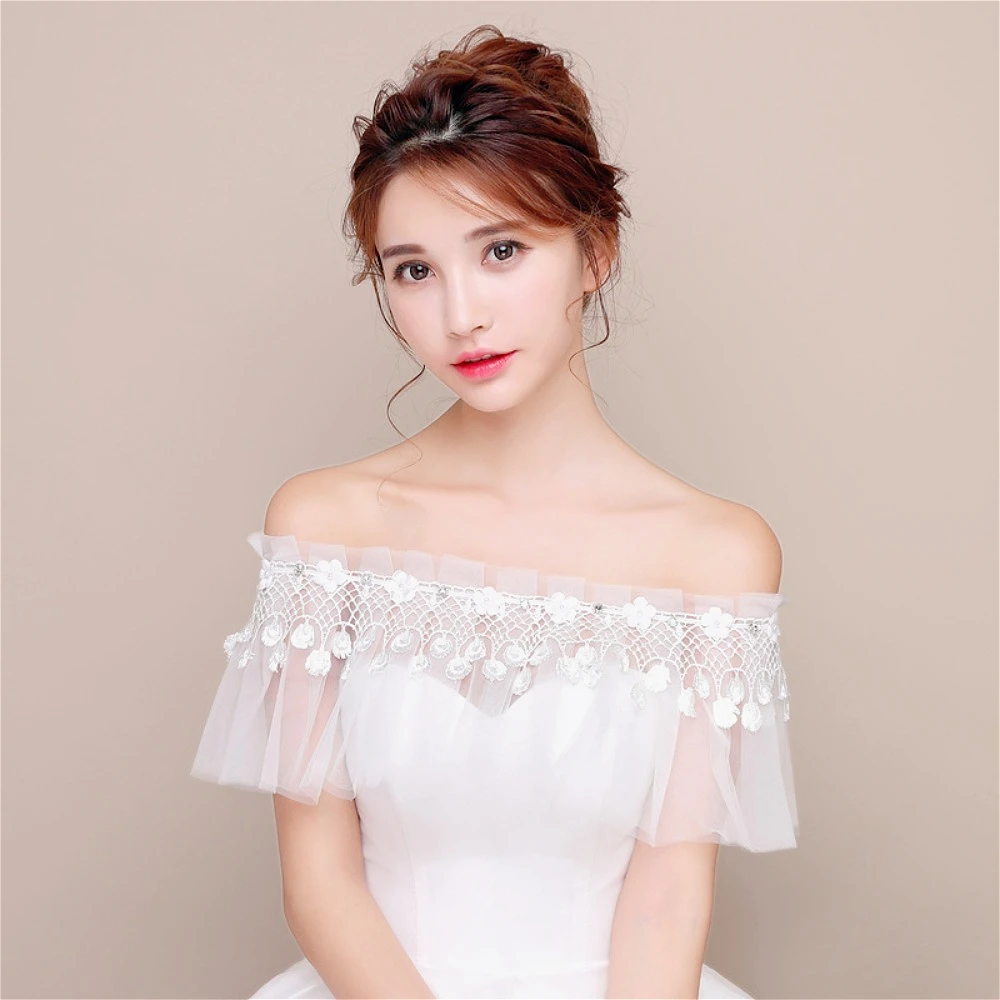 

Off-Shoulder Ruffle Tulle Beading Bridal Shawl Wedding Bolero Wedding Clothes Covered for Party Dress Wedding Accessories