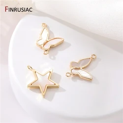 금 도금 황동 금속 천연 쉘 스타 참, 쥬얼리 제작용, 나비 커넥터, DIY 팔찌 결과물, 14K