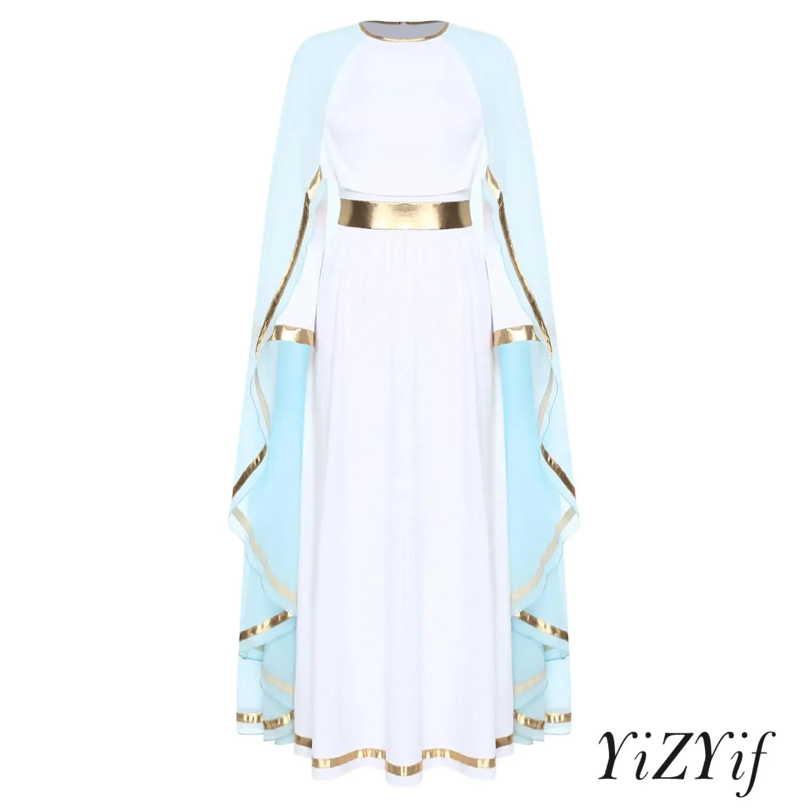 

Shiny Metallic Trim Ancient Greek Maxi Dress Featuring Flared Long Sleeves Integrated Chiffon Cape for Halloween Toga Cosplay