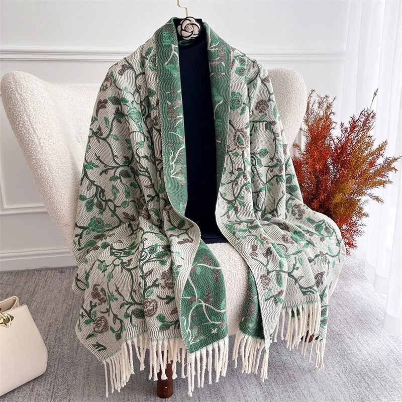 

Runmei New Floral Women Winter Scarf Fashion Female Shawls Jacquard Cashmere Feeling Wraps Warm Hijab Thick Blanket Poncho Gift