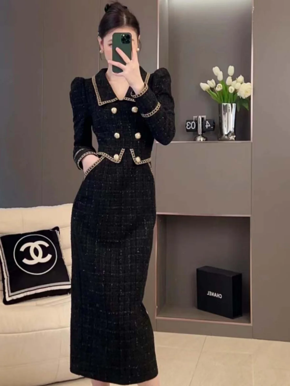 Vestido F E Estilo Hepburn Preto com Saia Godê de Cintura Alta em Tecido de Poliéster Manga Longa Curto para Ou...